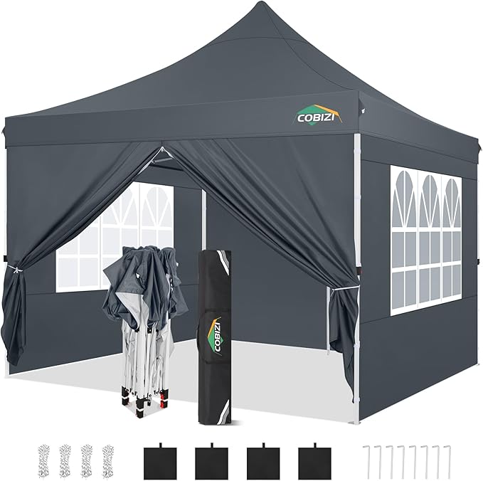 COBIZI 10x10 Pop Up Canopy with 4 Sidewalls, Canopy Tent 10x10 for Parties, Backyard, Commercial, Waterproof and Portable Instant Shelter UV50+ Outdoor Gazebo with 4 Sandbags(Gray)