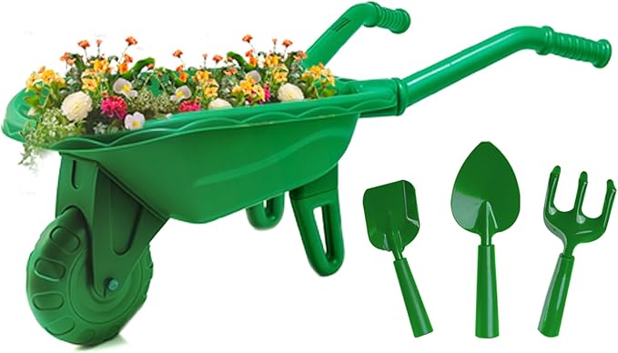 Duckura Kids Wheelbarrow Set - Gardening Tools for Kids with Shovel, Rake, Trowel, Outdoor Yard Lawn Digging Weed Toys, Valentine's Birthday Gifts for Boys Girls Age 2 3+Years Old(Green B)