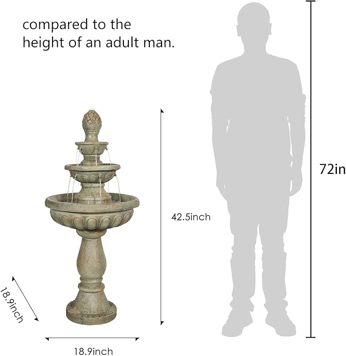 ourrco 42.5" H Traditional Outdoor Water Fountain with Pineapple Finial – Classic Garden Décor with Flowing Cascade and Antique Stone Finish for Patios, Lawns, and Courtyards