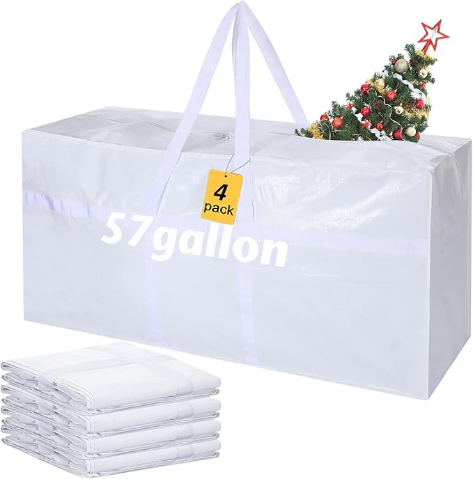 Windyun 4 Pack 57 Gallon Extra Large Storage Bags XXL Moving Bags with Zipper Handles Heavy Duty Jumbo Big Tote Box for Christmas Tree Storage 4, 5, 7.5, 9, 10, 12 ft Skeleton College Dorm(White)