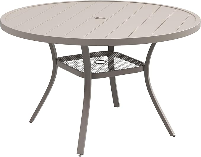 DIFY 48" Round Patio Dining Table for 6, Outdoor Metal Dining Table with 1.57" Umbrella Hole for Backyard Lawn Garden, Sandshell
