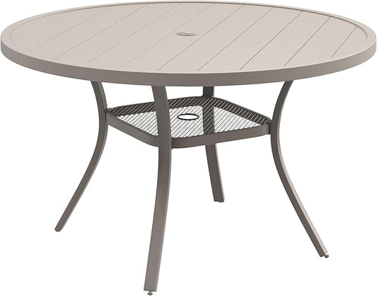 DIFY 48" Round Patio Dining Table for 6, Outdoor Metal Dining Table with 1.57" Umbrella Hole for Backyard Lawn Garden, Sandshell