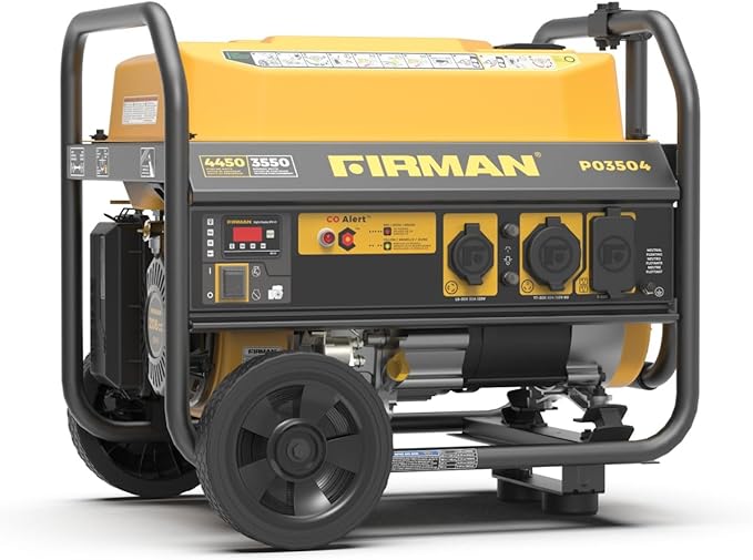FIRMAN P03504 Gas Portable Generator, 4450W Recoil Start, 120V, CO Alert, Quiet 67dB, 208cc Engine, 5-Gallon Tank, 14 Hrs Runtime, Wheel Kit, Ideal Power Solution for RV, Home & Outdoor Adventures