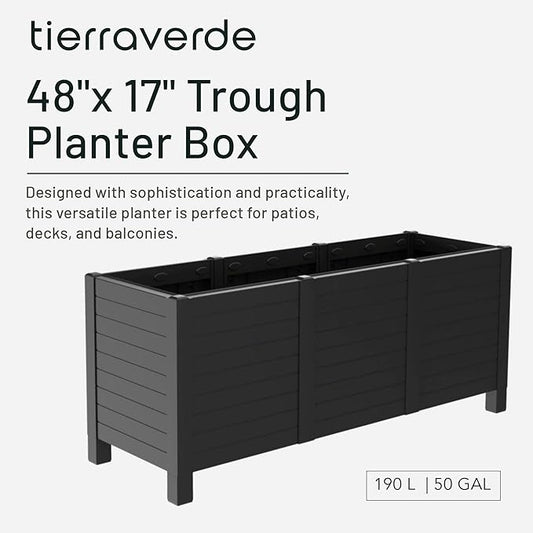Tierra Verde 17-Inch x 48-Inch Raised Garden Trough Box with Tool-Free Connect System and Crafted from Recycled Materials, for Patios or Decks, Black