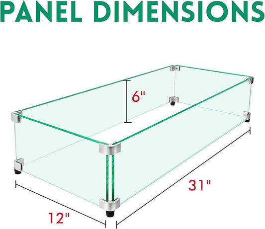 Fire Pit Wind Guard, 31" x 12" Square Tempered Glass Wind Shield for Firepit & Fire Table, Thick Glass and Easy Installation with Included Tools, Airflow Management for Stable Flame