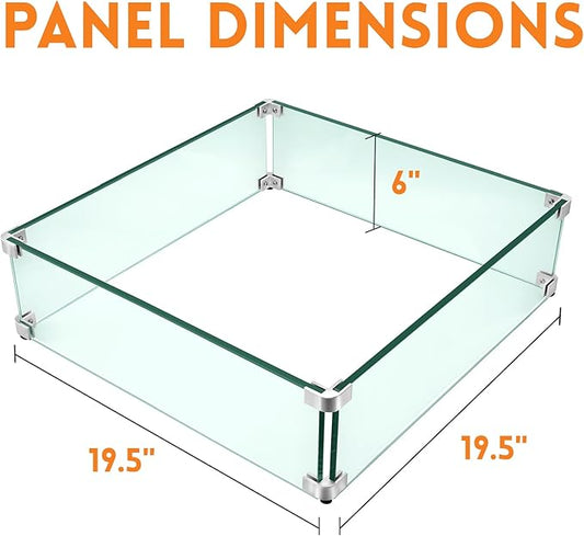 Fire Pit Wind Guard, 19.5" x 19.5" Square Tempered Glass Wind Shield for Firepit & Fire Table, Thick Glass and Easy Installation with Included Tools, Airflow Management for Stable Flame