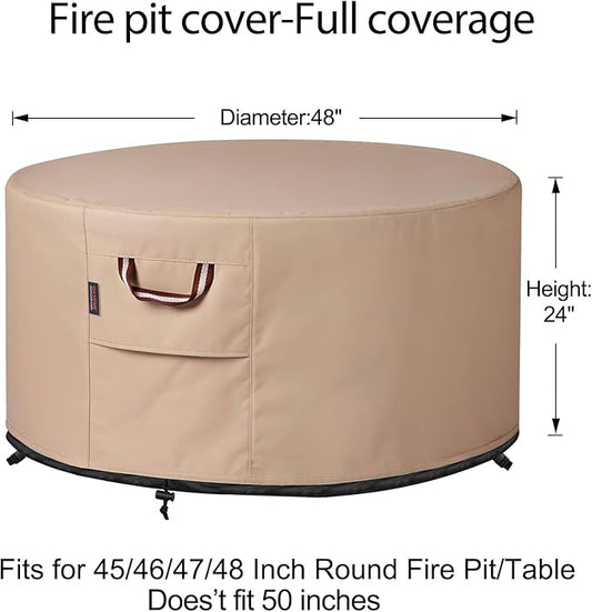 QH.HOME Fire Pit Cover Round-45-48 Inch Heavy Duty 900D Strong Tear-Resistant and UV Resistant and Waterproof and Fading Resistant Material Polyester Firepit Covers Round for Outdoor Fire Pit-Wheat