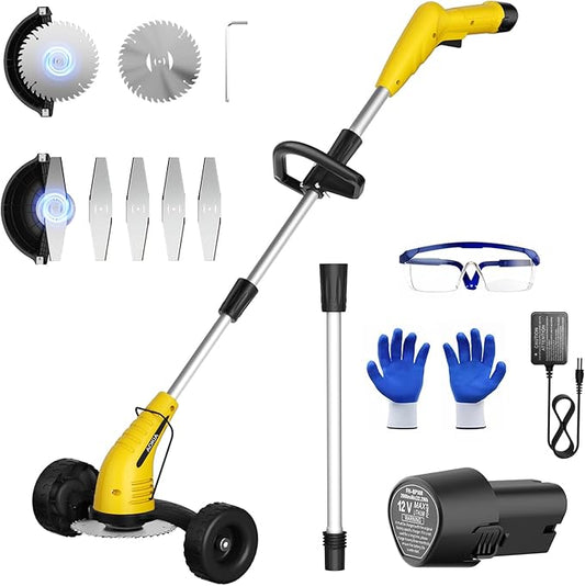 Electric Weed Wacker Cordless： String Trimmer with Roller 2Types Blades - 2.0Ah 12V Battery Powered Lightweight Grass Cutter/Mower for Yard and Garden, Yellow