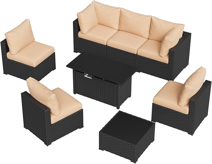 Aoxun 8 Piece Patio Furniture Set with 44” Fire Pit Table Wicker Rattan Patio Sectional Sofa Set Outdoor Seating Furniture with Thickened Cushion, Beige