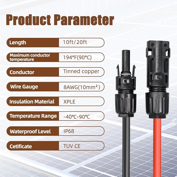8AWG (10mm²) Solar Panel Extension Cable, 1500V 70A Solar Wire with IP68 Male and Female Connector(30FT)