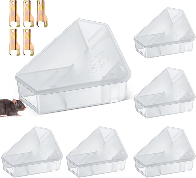 Qualirey 6 Pcs Mice Station with Key Triangle Bait Station Reusable Rodent Trap Bait Box, Keeps Children and Pets Safe Indoor & Outdoor, Bait Not Included, Suitable for Small Mice (Translucent)