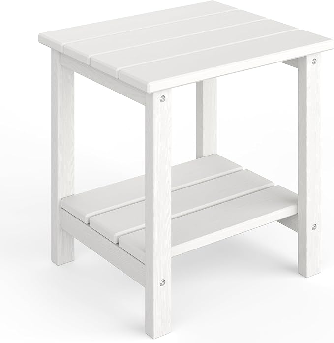 GarveeLife Outdoor Side Table 2-Tier, 18 in HDPE All Weather Resistant Patio Side Tables for Outside, End Table for Patio Pool Deck Indoor Backyard, White