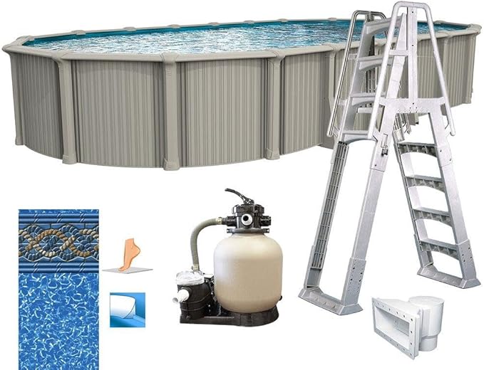 In The Swim 18' x 33' Oval Above Ground Swimming Pool - Excursion Package - Featuring: Sand Filter, Pump System and A-Frame Ladder