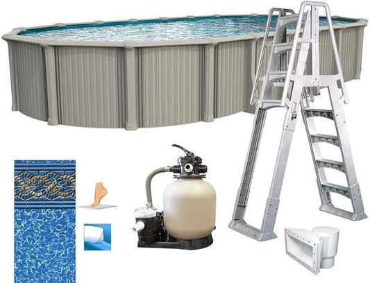 In The Swim 18' x 33' Oval Above Ground Swimming Pool - Excursion Package - Featuring: Sand Filter, Pump System and A-Frame Ladder