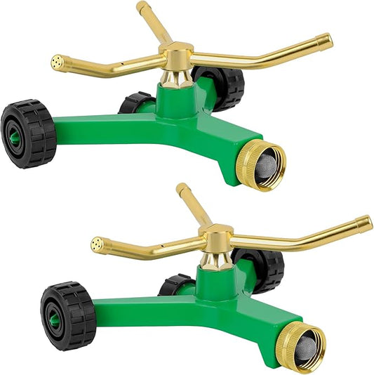 [2 Pack] RESTMO 3-Arm Metal Sprinkler with Wheel Base, 360 Degree Automatic Rotary Lawn Sprinkler System for Garden Plant, Flower Bed and Yard Watering and Large Yard Area Watering