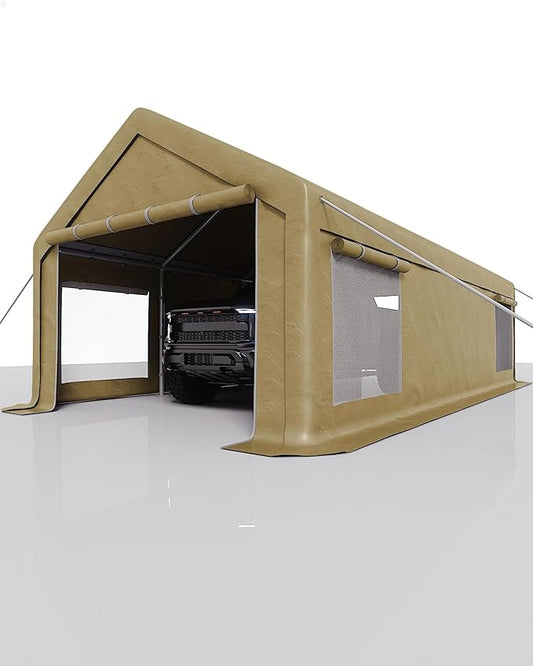 GarveeLife 13x25 ft Carport with 10 Sandbags, Car Port with 220 g PE Tarp, 2 Roll-Up Doors, and 4 Windows, for Full-Size Pickups, Bass Boats, Tractors, and SUVs, Khaki