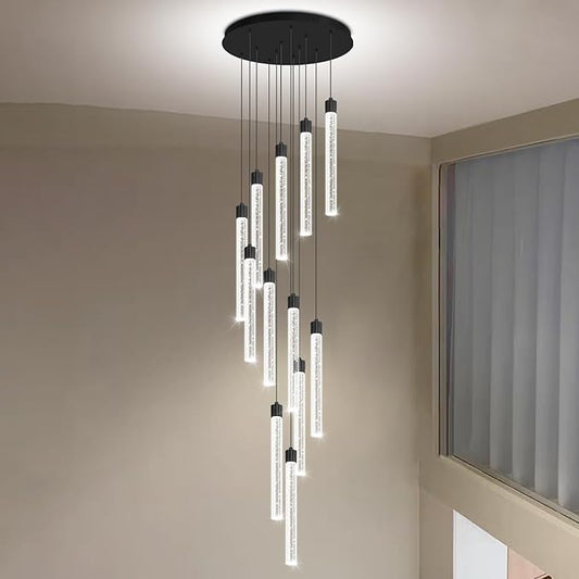 118'' Modern Glam Crystal Column Chandelier for High Ceiling LED Dimmable Pendant Light Staircase Foyer Enterway Living Room Ceiling Chandelier Lighting Black 12 Lights