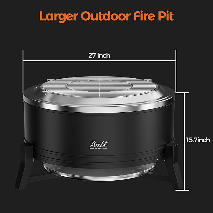 BALI OUTDOORS 27 inch Smokeless Firepit Outdoor, Outdoor Fire Pit Patio with Ash Pan, Portable Fire Pit Wood Burning