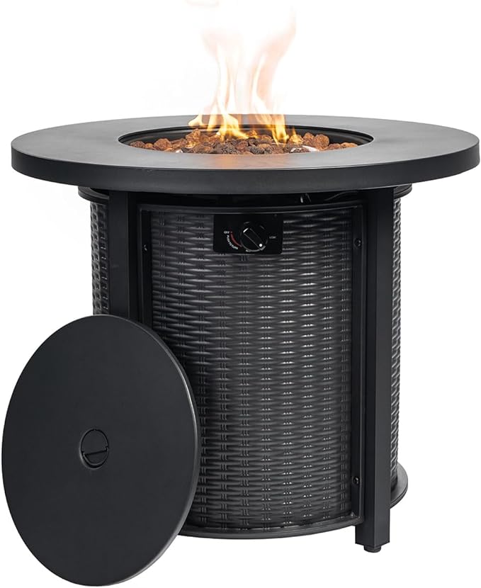 30'' Round Propane Fire Pit Table, 50,000 BTU Steel Gas FirePit for Outdoor, Fire Table with Lid, Add Warmth & Ambience to Gatherings and Parties On Patio Deck Garden Backyard, Black.