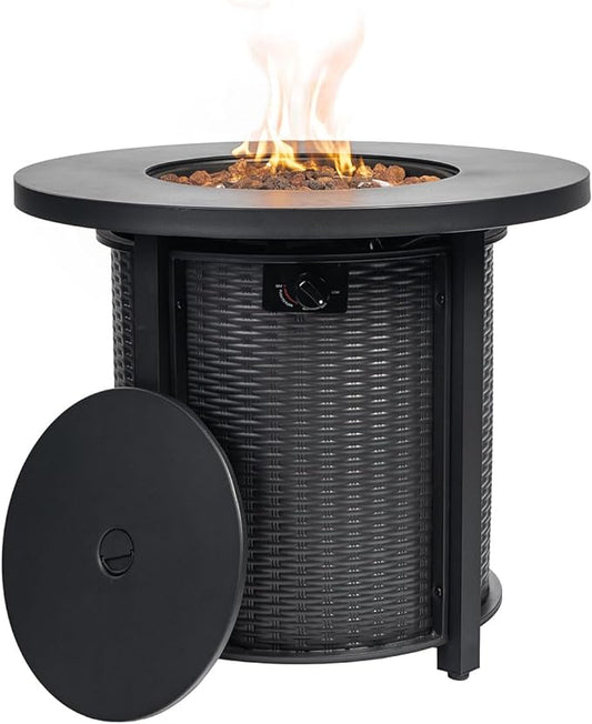 30'' Round Propane Fire Pit Table, 50,000 BTU Steel Gas FirePit for Outdoor, Fire Table with Lid, Add Warmth & Ambience to Gatherings and Parties On Patio Deck Garden Backyard, Black.