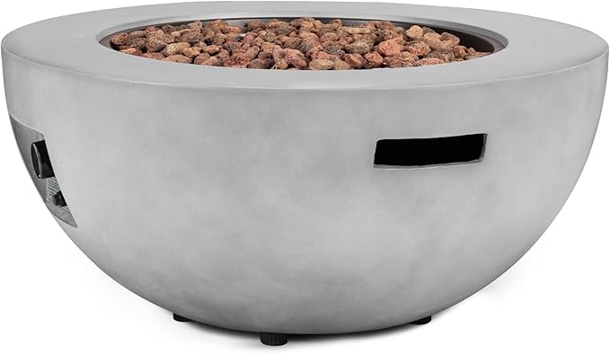 31.5" Round Propane Fire Pit Table,50,000 BTU Outdoor Concrete Gas Firepit with Lava Rocks & Rain Cover,Modern Patio Coffee Table for Backyard and Deck