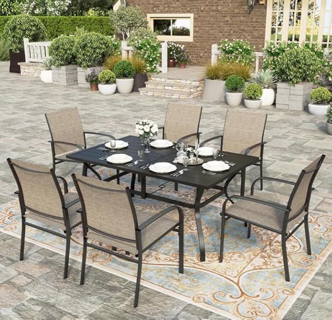 HERA'S HOUSE Patio Dining Table, 60" x 38" Rectangular Large Surface 6 Person Steel Frame Outdoor Dining Table with Umbrella Hole for Lawn Garden Backyard