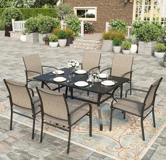 HERA'S HOUSE Patio Dining Table, 60" x 38" Rectangular Large Surface 6 Person Steel Frame Outdoor Dining Table with Umbrella Hole for Lawn Garden Backyard