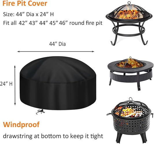 44-Inch Fire Pit Cover for 42-46 inch Round Fire Pit, Heavy Duty 300D Oxford Fabric Waterproof Dustproof Fire Bowl Cover All-Season Protection 44"Dia x 24"H