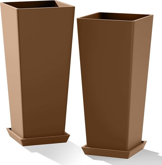 Set of 2 Large Planters for Outdoor Plants 24" Tall Tapered Modern Flower Pots with Drainage Tray for Garden, Patio, Porch (Brown)