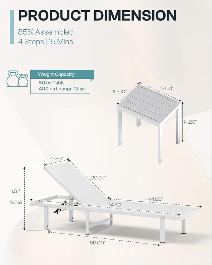 Pool Lounge Chairs, Chaise Lounge Outdoor with Wheels and 5-Position Recliner -Easy to Move- Aluminum Patio Lounge Chair for Poolside, Deck (White)