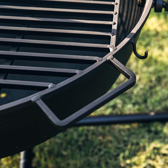 Ash & Ember 30" Cast Iron Cauldron Fire Pit Bowl with Double Hinged Grill Grate-Easy-Lift Handles & Handing Chain, Round Wood Burning Patio Fire Bowl for Backyard Patios