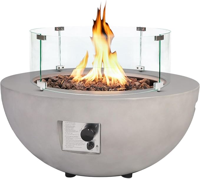 31.5inch Round Concrete Fire Pit Table with Glass Wind Guard Propane 50,000 BTU Outdoor Fire Bowl Table CSA Certification Gas Firepits with Steel Lid, Rain Cover for Backyard, Deck