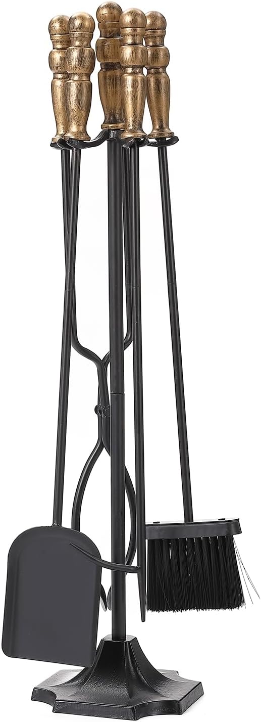 5 Piece Fireplace Tools Set, Wrought Iron Fire Place Tool Set with Gold Handle for Indoor Outdoor, Heavy Duty Base with Fire Poker, Brush, Shovel, and Tongs