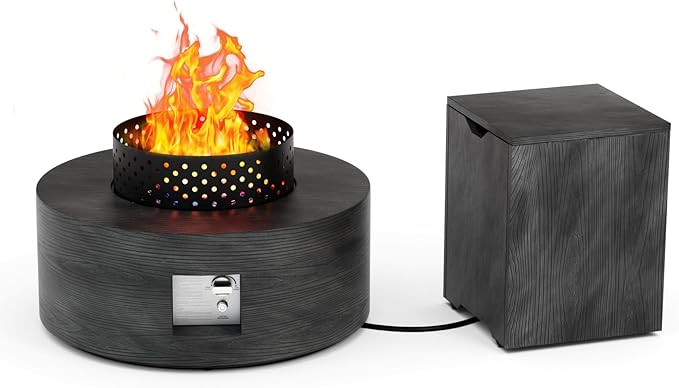Wood Grain 30'' Patio Fire Pit Table Round, Propane Gas Fire Table 50,001 BTU, Outdoor Firepit & Fireplace for Patio, Black