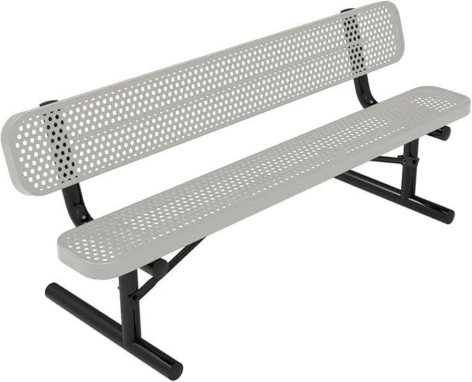 Coated Outdoor Furniture Heavy-Duty Portable Outdoor Bench Thermoplastic Coated, Punched Steel, Commercial-Grade Seating, Made in America (Portable With Back, 6 Ft, Textured Grey)