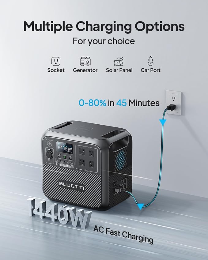 BLUETTI AC180 Solar Generator with 350W Solar Panel (Ships Separately), 1152Wh Portable Power Station w/ 4 1800W (2700W Surge) AC Outlets, LFP Power for Outdoor Camping, Trip, Power Outage