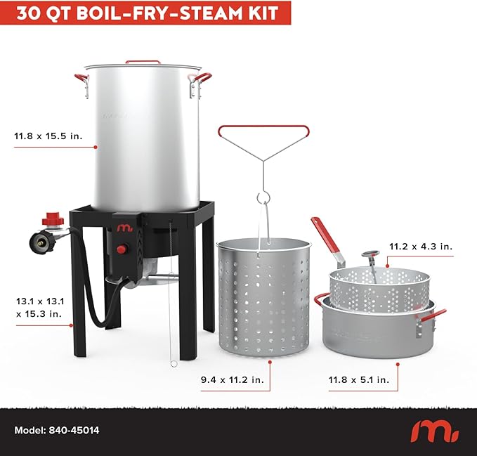 Megamaster 30QT Turkey Fryer and 10QT Fish Fryer Kit, Aluminum Fryer Steamer Kit with Basket and 50,000 BTU Burner, Outdoor Deep Fryer with 10 PSI Regulator for Turkey, Fish, Seafood - 840-45014