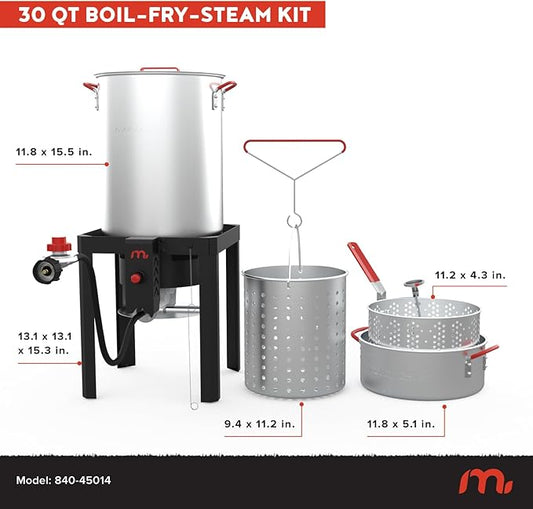 Megamaster 30QT Turkey Fryer and 10QT Fish Fryer Kit, Aluminum Fryer Steamer Kit with Basket and 50,000 BTU Burner, Outdoor Deep Fryer with 10 PSI Regulator for Turkey, Fish, Seafood - 840-45014