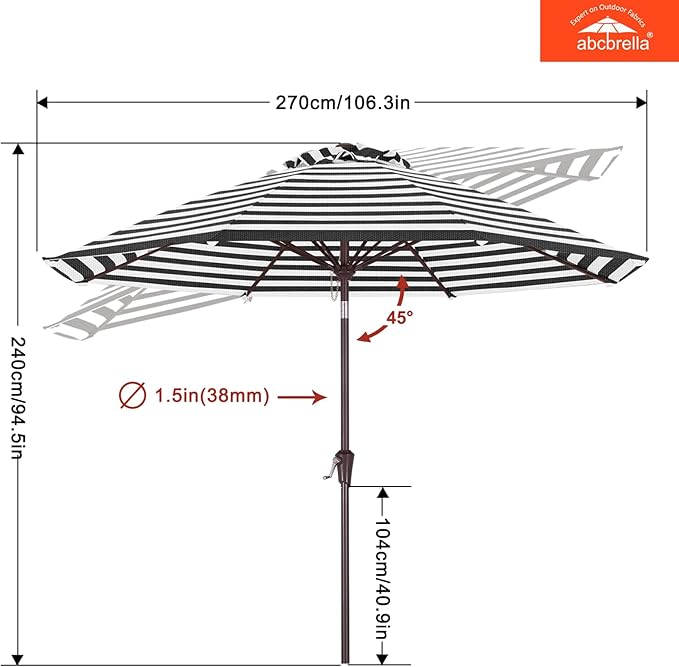 ABCCANOPY OLEFIN® 5-Year No Fading 9FT Patio Umbrella, Outdoor Table Umbrella with 8 Sturdy Ribs for Deck, Backyard, Yard (Black Stripe)