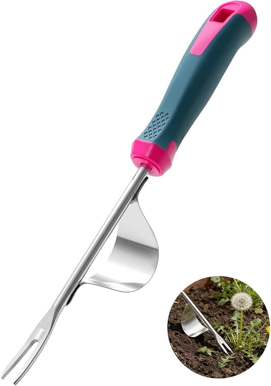 Weed Puller Tool, Stainless Steel Hand Weeder with Metal Leverage Base and V-Shaped Forks for Easy Weed Removal & Deep Root Digging, Ergonomic Soft Grip Handle Manual Weeding Tool for Garden and Lawn