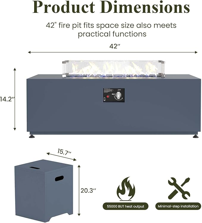 LayinSun 42 Inch Outdoor Fire Pit Table for Outside Patio, 55000BTU Rectangle Propane Firepit with Hidden Fuel Tank, Glass Wind Guard, Waterproof Cover and Lid