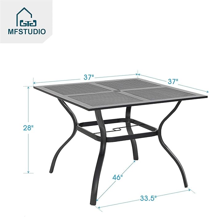 MFSTUDIO 37" x 37" Square Outdoor Dining Table Patio Bistro Table Powder-Coated Steel Frame Top Umbrella Stand Deck Outdoor Furniture Garden Table, Black