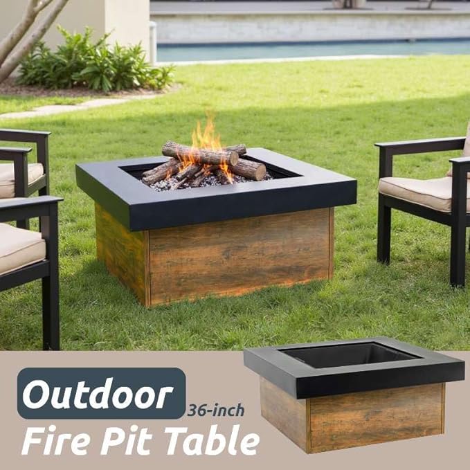 36 Inch Fire Pits for Outside Wood Burning, Iron Square Firepits for Outside, Wood Burning Fire Pit for Camping, Garden, Backyard, Bonfire Party, Wood+Black