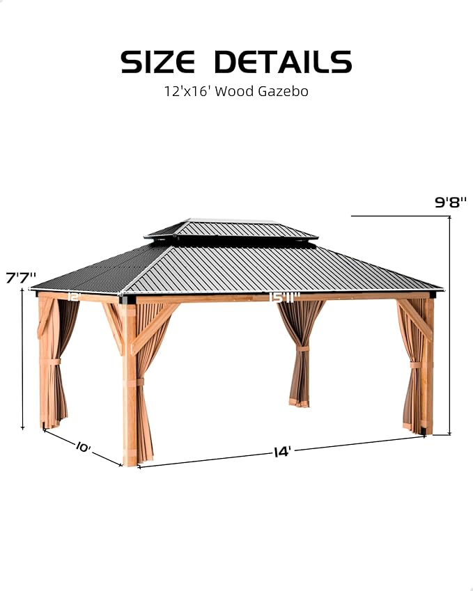 GarveeLife Hardtop Wood Gazebo 12 ft x16 ft for All Weather, with Double Metal Roof, Heavy Duty Wooden Frame, Net, and Curtain, Permanent Building for Patio, Deck, Backyard, Lawn, and Garden, Khaki