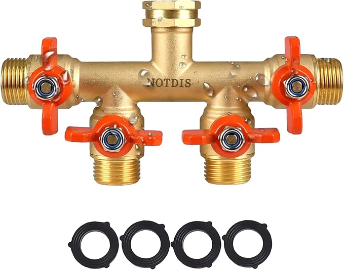 4 Way Brass Hose Splitter Full Flow with Metal Handle - Heavy Duty Spigot Splitter with Shut Off Valve, 3/4" GHT Garden Tap Connector