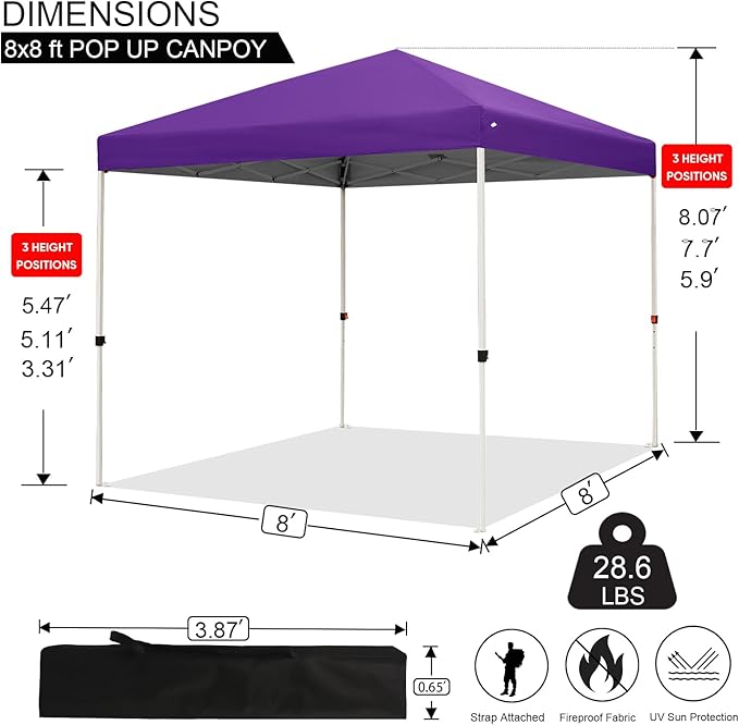 Northroad 8X8 FT Pop Up Canopy, Outdoor Instant Canopy Tent w/Carrying Bag, Portable Gazebo Shelter for Wedding Party,Commercial Event,Patio,Garden,Beach -Purple