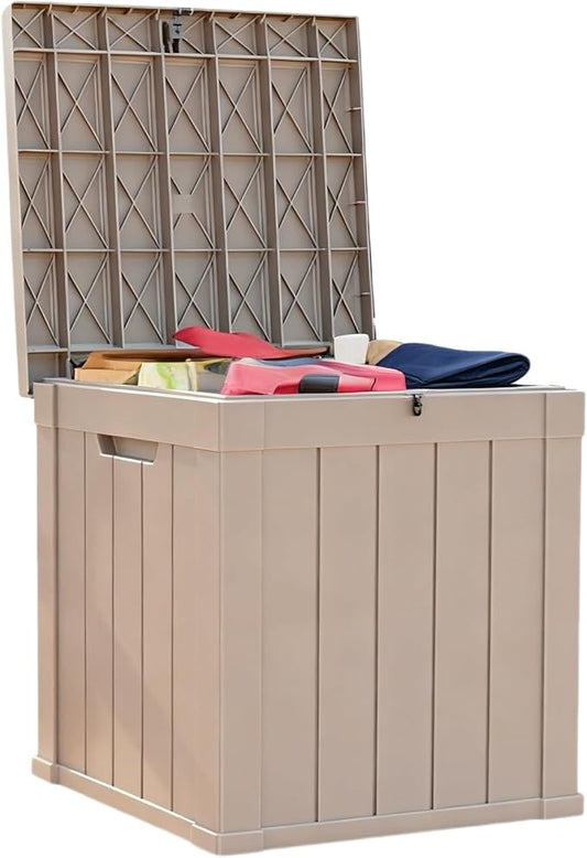50 Gallon Outdoor Storage Box Waterproof,Outside Delivery Package Deck Box with Lockable Lid,Poolside Storage Bin for Garden Tools,Patio Cushion,Light Brown