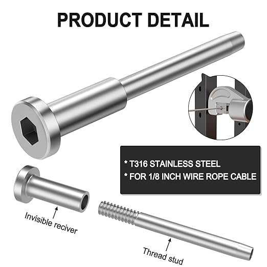 BLIKA 20 Pack Invisible Cable Railing Kit, T316 Stainless Steel 1/8" Invisible Receiver and Swage Stud End for Cable Railing, Swage Tensioner 1/8" for Wood/Metal Post, Cable Railing Hardware