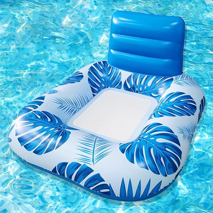 Square Inflatable Pool Lounger with Backrest (Two Pack), Tropical Palm Leaf Float for Adults, Relaxing Pool Raft with Cooling Mesh Seat