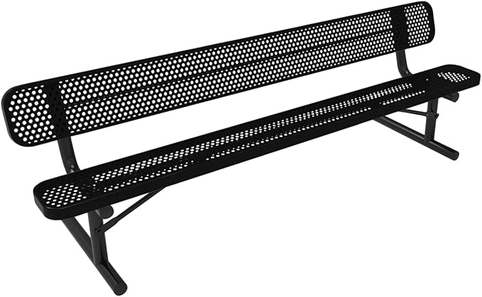 COATEDOUTDOORFURNITURE Heavy-Duty Portable Outdoor Bench Thermoplastic Coated, Punched Steel, Commercial-Grade Seating, Made in America (Portable with Back, 8 Ft, Textured Black)